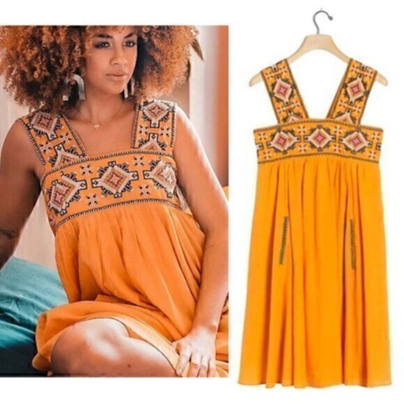 Anthropologie 1X Teofila Beaded Mini Cotton Tank Dress Beach Coverup - Picture 1 of 10